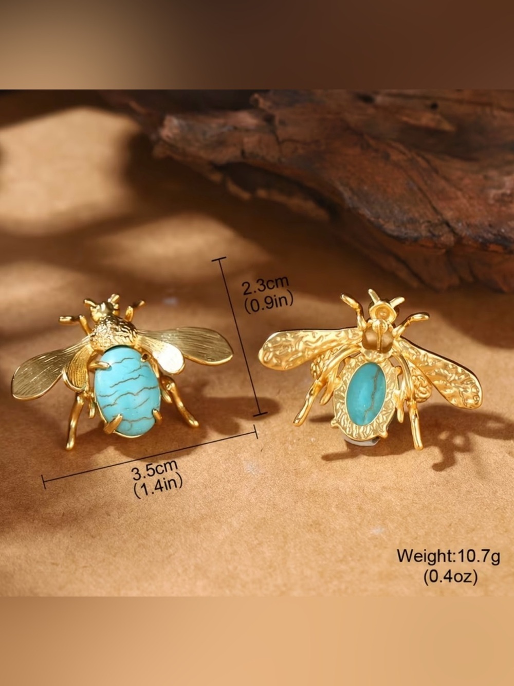 NEW! Unique Gold Bee Earrings with Green Glass Cabochon. 🐝 A8-283 - Picture 5 of 7